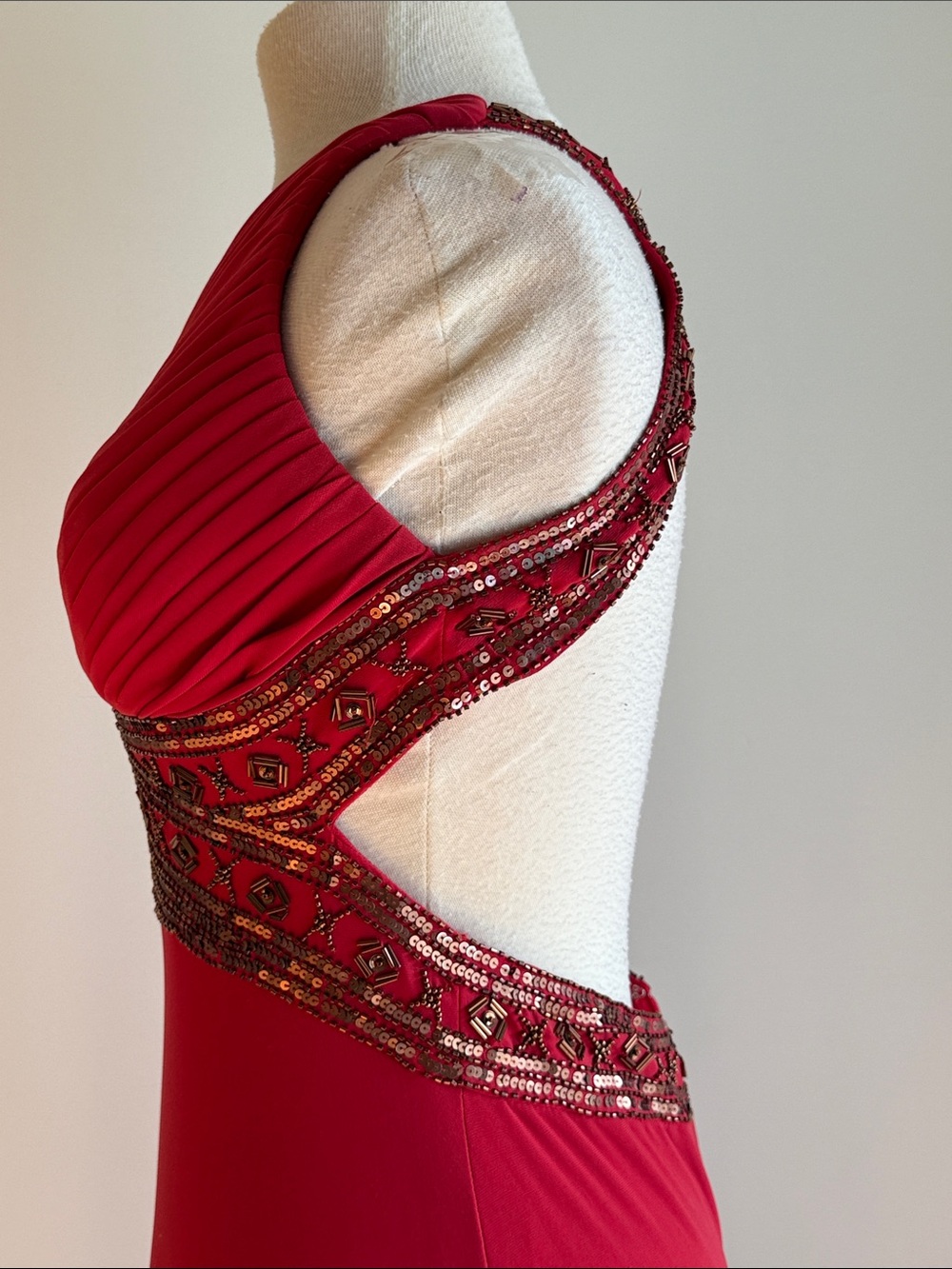 Asymmetrical One-Shoulder Red Evening Gown with Beaded Waist - Picture 8 of 9